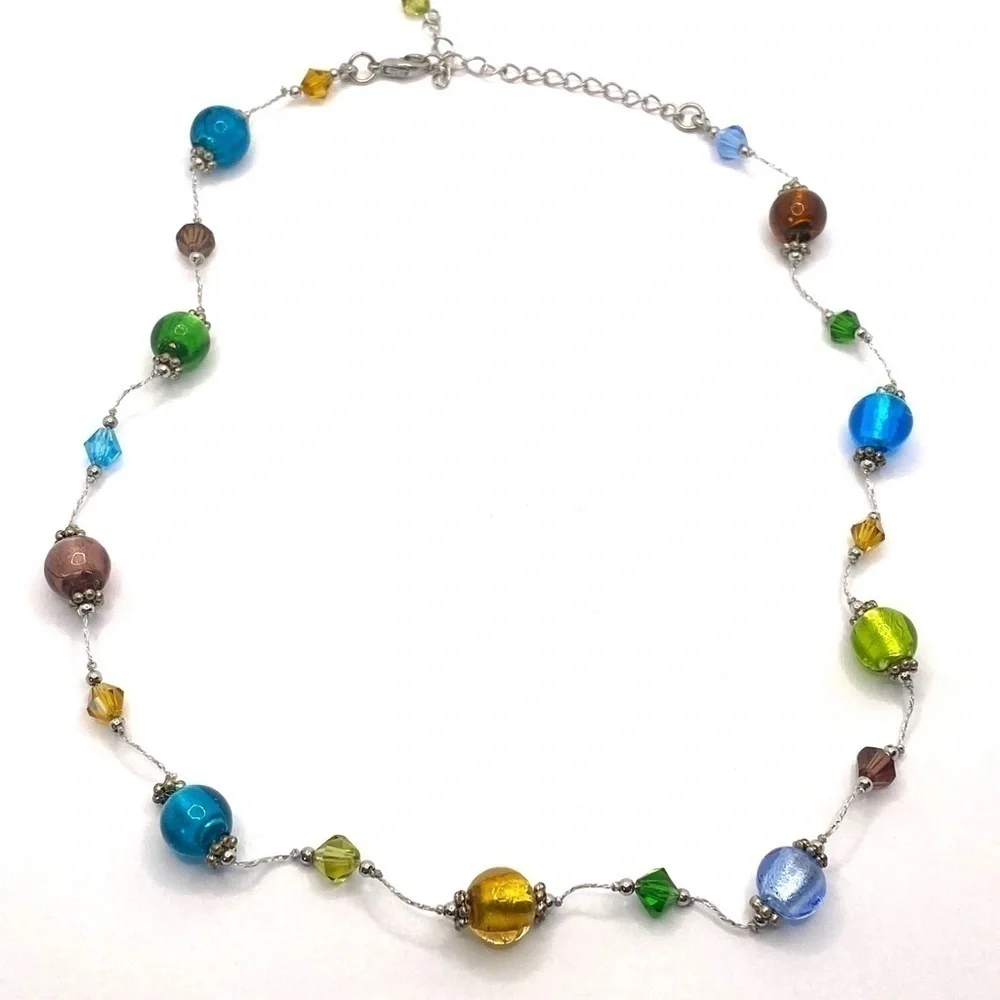 Necklace Glass Beads Silver Tone Chain 18.5” +3”
